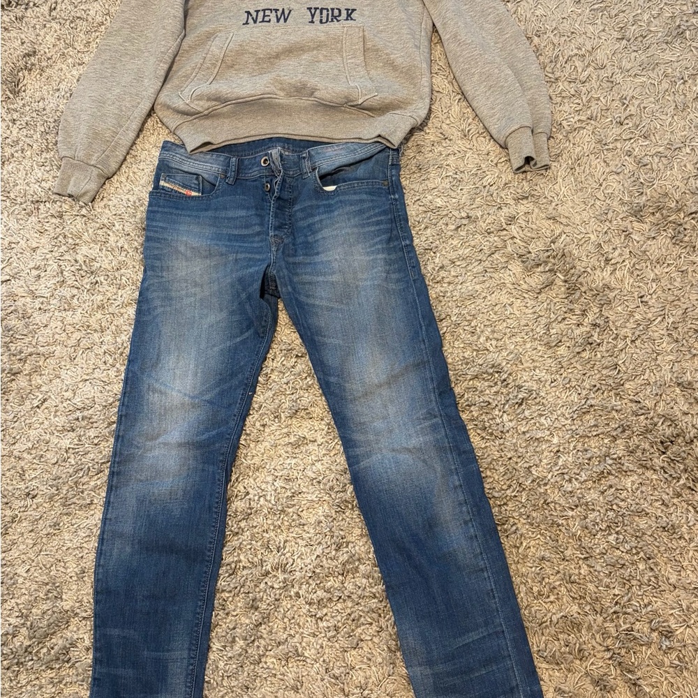 Diesel Blue Men's jeans with Abercrombie and Fitch hoodie size larger